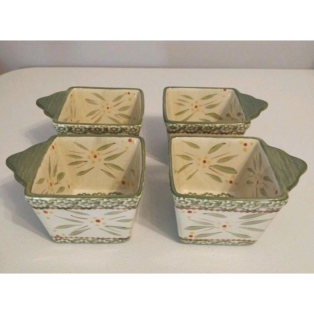 Temptations Old World Green Set of 4 Square Ramekins 10oz Individual Bakers 3”